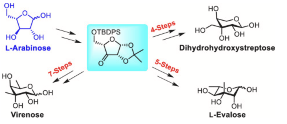 Image for Stereoselective synthesis of dihydrohydroxystreptose, virenose and L-evalose from a common precursor derived from L-arabinose